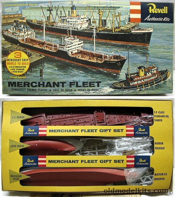 Revell Merchant Fleet Gift Set 'S' Kit - C3 Freighter 'Hawaiian Pilot' - Standard Oil of California T-2 Tanker 'J.L. Hanna'  - Harbor Tug ' Long Beach' - with Glue / Paint / Brush, G332-495 plastic model kit
